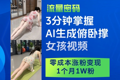 3分钟掌握AI生成俯卧撑女孩视频，零成本涨粉变现，1个月1W粉-创客副业