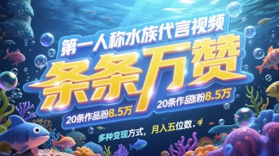 第一人称水族代言视频，条条万赞，20条作品涨粉7.8W，多种变现方式月入五位数-创客副业