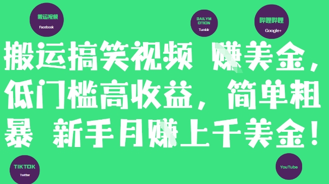 搬运搞笑视频挣美金,低门槛高收益,简单粗暴新手月入上千美刀-创客副业