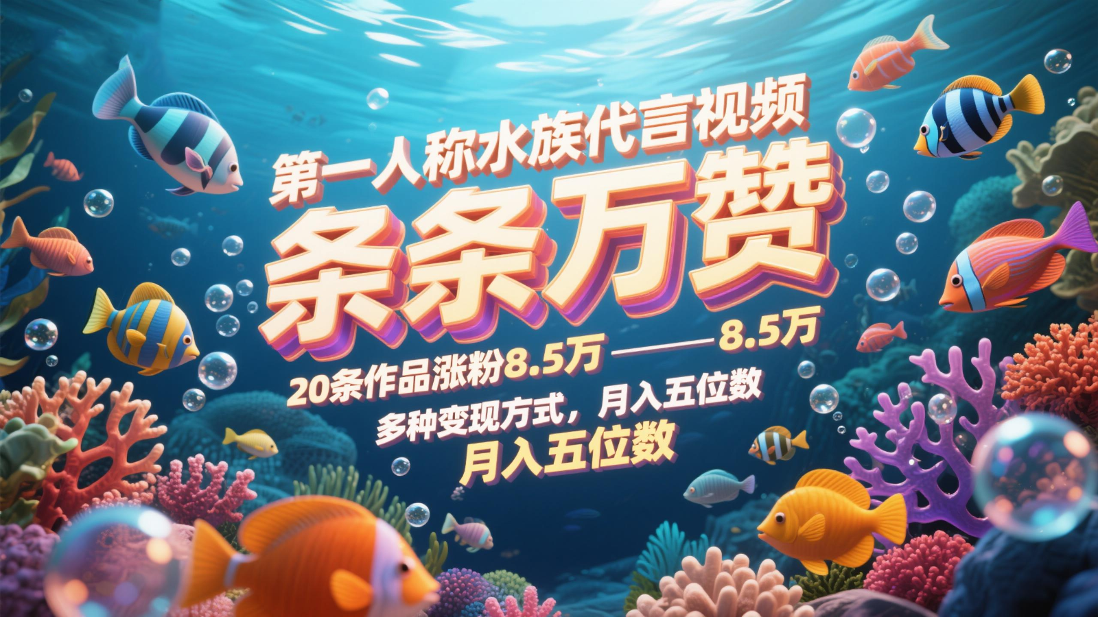 第一人称水族代言视频，条条万赞，20条作品涨粉8.5万，多种变现方式月，入五位数-创客副业