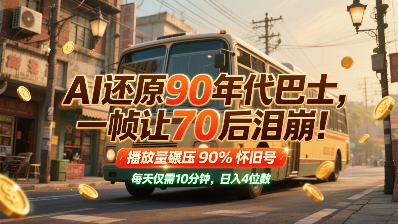 AI还原90年代巴士,一帧让70后泪崩!播放量碾压90%怀旧号,每天10分钟,日入4位数-创客副业