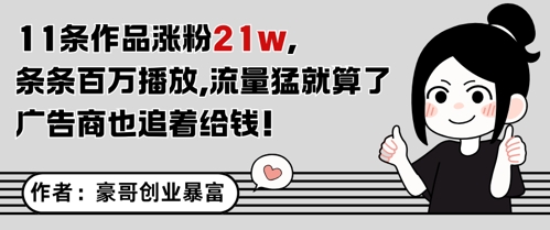 11条作品涨粉21W，条条百W播放，流量猛就算了，广告商也追着给钱-创客副业