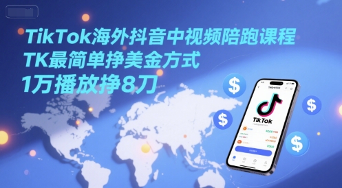 TikTok海外抖音中视频陪跑课程,TK最简单挣美金方式,1万播放挣8刀-创客副业