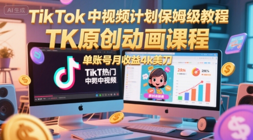 TikTok中视频计划保姆级教程,TK原创动画课程,单账号月收益4k美刀-创客副业