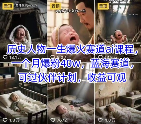 历史人物一生爆火赛道ai课程，一个月爆粉40w，蓝海赛道，可过伙伴计划，收益可观-创客副业