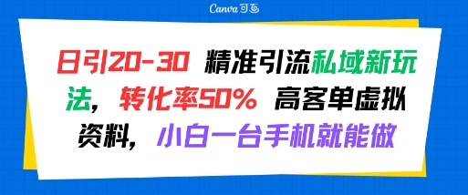 日引 20-30 精准引流私域新玩法，转化率50% 高客单虚拟资料，小白一台手机就能做-创客副业
