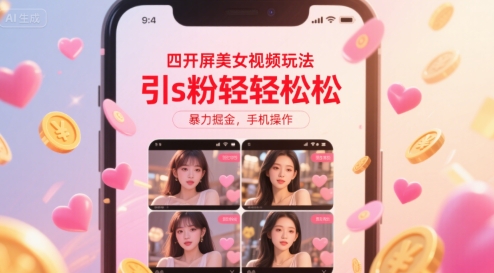 四开屏美女视频玩法,引s粉轻轻松松,暴力掘金,手机操作【揭秘】-创客副业