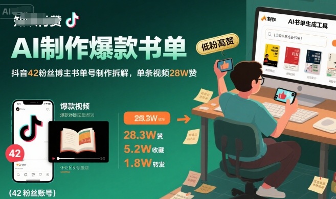 AI制作爆款书单，抖音42粉丝博主书单号制作拆解，单条视频28W赞-创客副业