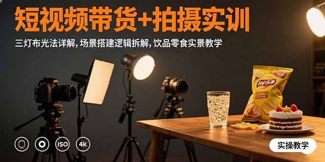 短视频带货+拍摄实训:三灯布光法详解,场景搭建逻辑拆解,饮品零食实景教学-创客副业