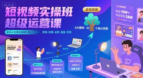 短视频实操班超级运营课,新手小白到短视频大神必修课程,剪辑-拍摄-运营-直播-变现-创客副业