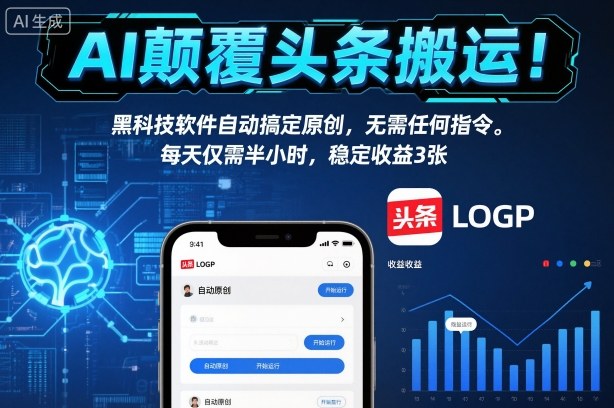 AI颠覆头条搬运！黑科技软件自动搞定原创，无需任何指令。每天仅需半小时，稳定收益3张【揭秘】-创客副业