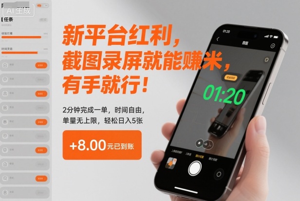 新平台红利，截图录屏就能賺米，有手就行！2分钟完成一单，时间自由，单量无上限，轻松日入5张【揭秘】-创客副业