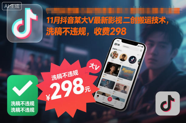 11月抖音某大V最新影视二创搬运技术，洗稿不违规，收费298-创客副业