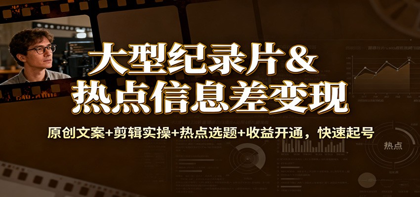 大型纪录片&热点信息差变现：原创文案+剪辑实操+热点选题+收益开通，快速起号-创客副业