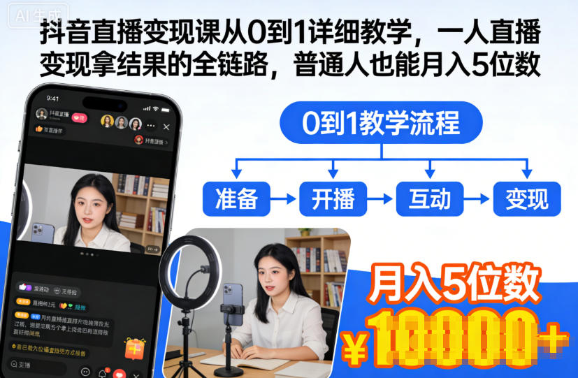 抖音直播变现课从0到1详细教学，一人直播变现拿结果的全链路，普通人也能月入5位数-创客副业