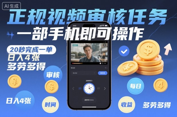 正规视频审核任务，一部手机即可操作，20秒完成一单，日入4张，多劳多得【揭秘】-创客副业