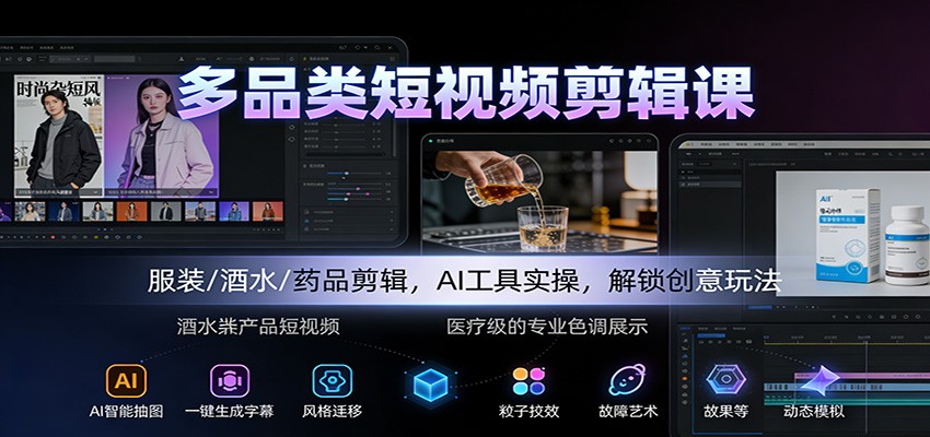 多品类短视频剪辑课：服装/酒水/药品剪辑，AI工具实操，解锁创意玩法-创客副业