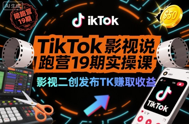 TikTok影视解说陪跑营19期实操课,影视二创发布TK賺取收益,万播收益50美金(更新)-创客副业
