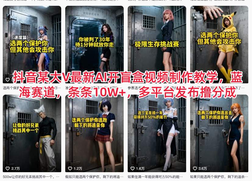 抖音某大V最新AI开盲盒视频制作教学,蓝海赛道,条条10W+,多平台发布撸分成-创客副业