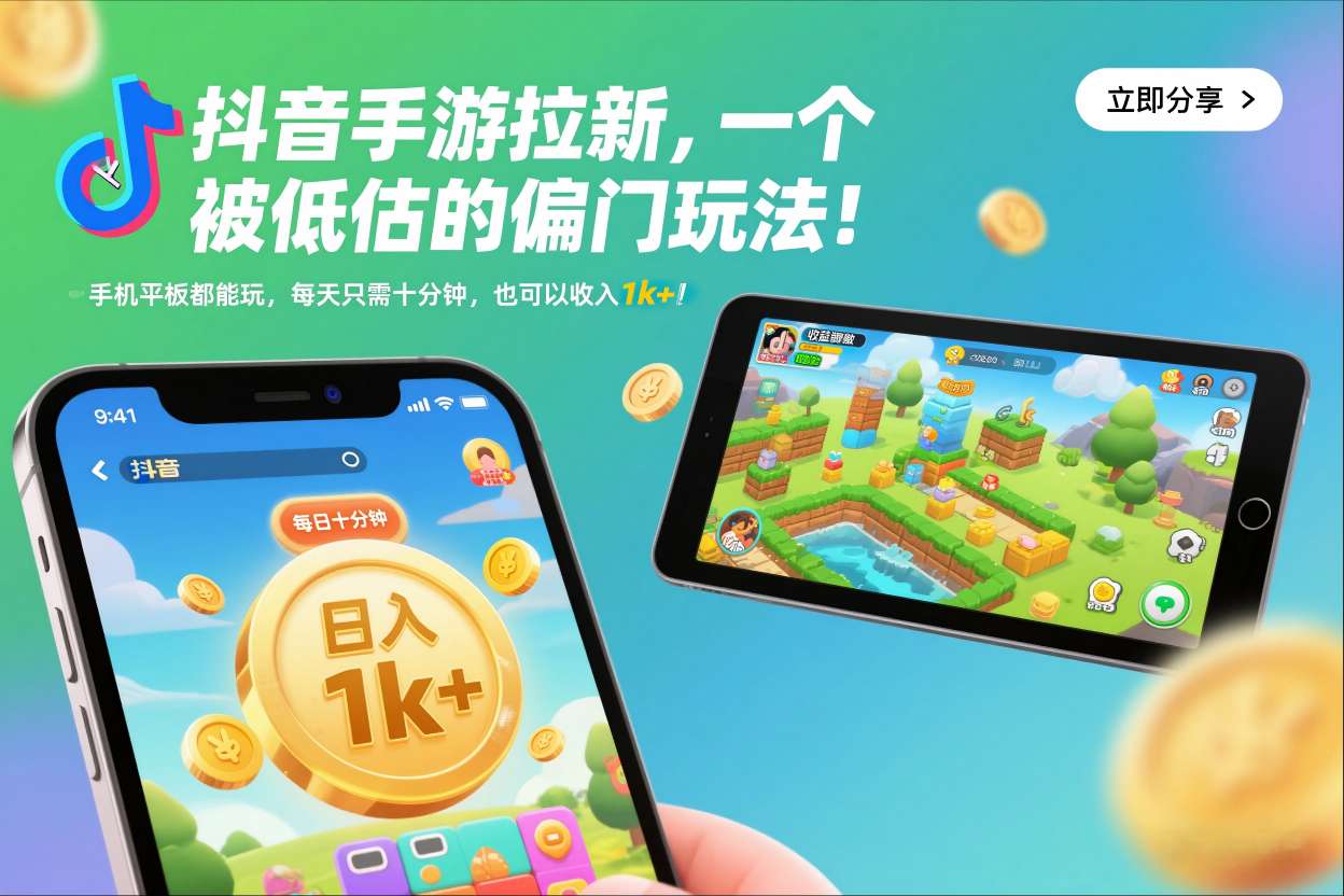 抖音手游拉新，一个被低估的偏门玩法！手机平板都能玩，每天只需十分钟，也可以收入1k+【揭秘】-创客副业