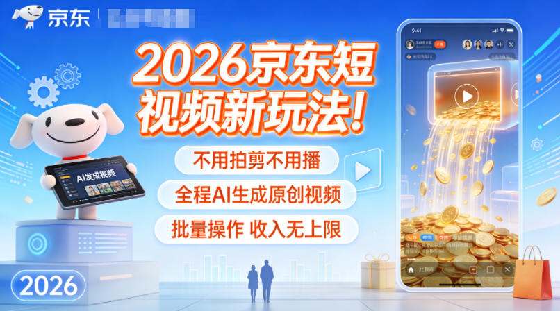 2026京东短视频新玩法！不用拍剪不用播，全程AI生成原创视频，批量操作收入无上限-创客副业