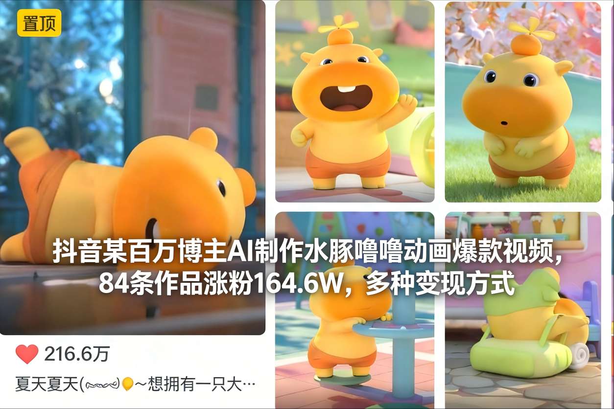 抖音某百万博主AI制作水豚噜噜动画爆款视频，84条作品涨粉164.6W，多种变现方式-创客副业