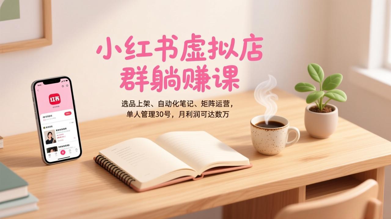 小红书虚拟店群躺赚课，选品上架、自动化笔记、矩阵运营，单人管理30号，月利润可达数万-创客副业