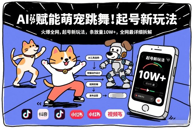 AI赋能萌宠跳舞，火爆全网，起号新玩法，条条播放量10W+，全网最详细拆解-创客副业