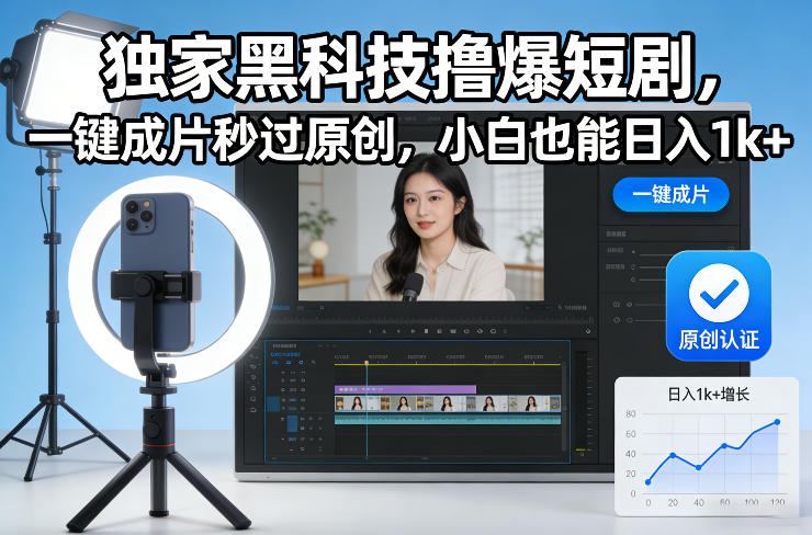 独家黑科技撸爆短剧，一键成片秒过原创，小白也能日入1k+【揭秘】-创客副业
