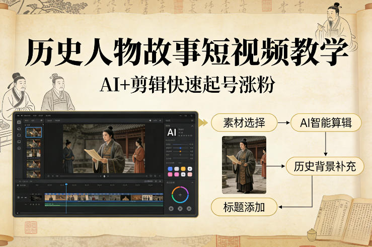 历史人物故事短视频教学，AI+剪辑制作历史人物题材短视频，快速起号涨粉-创客副业