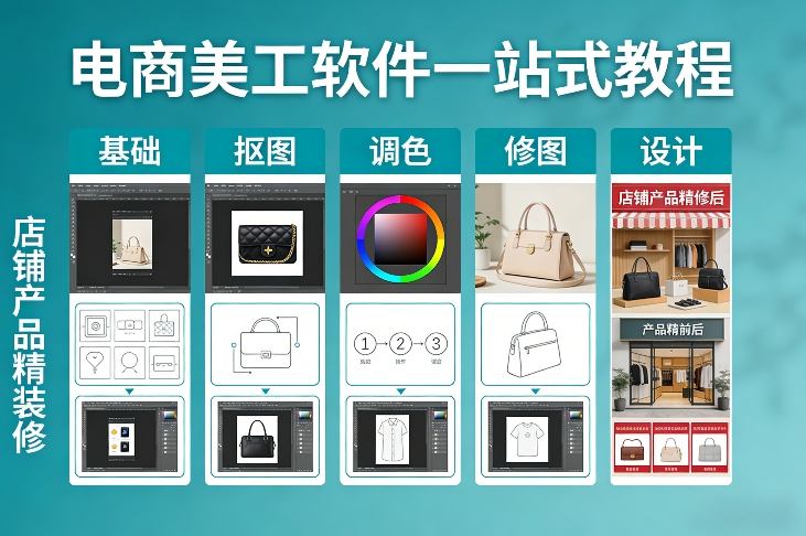 电商美工软件一站式教程，基础/抠图/调色/修图/设计，店铺产品精装修-创客副业