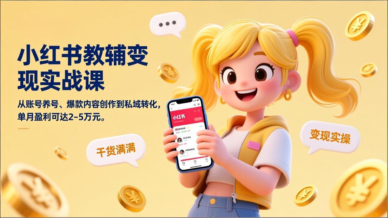 小红书教辅变现实战课，从账号养号、爆款内容创作到私域转化，单月盈利可达2-5万元-创客副业