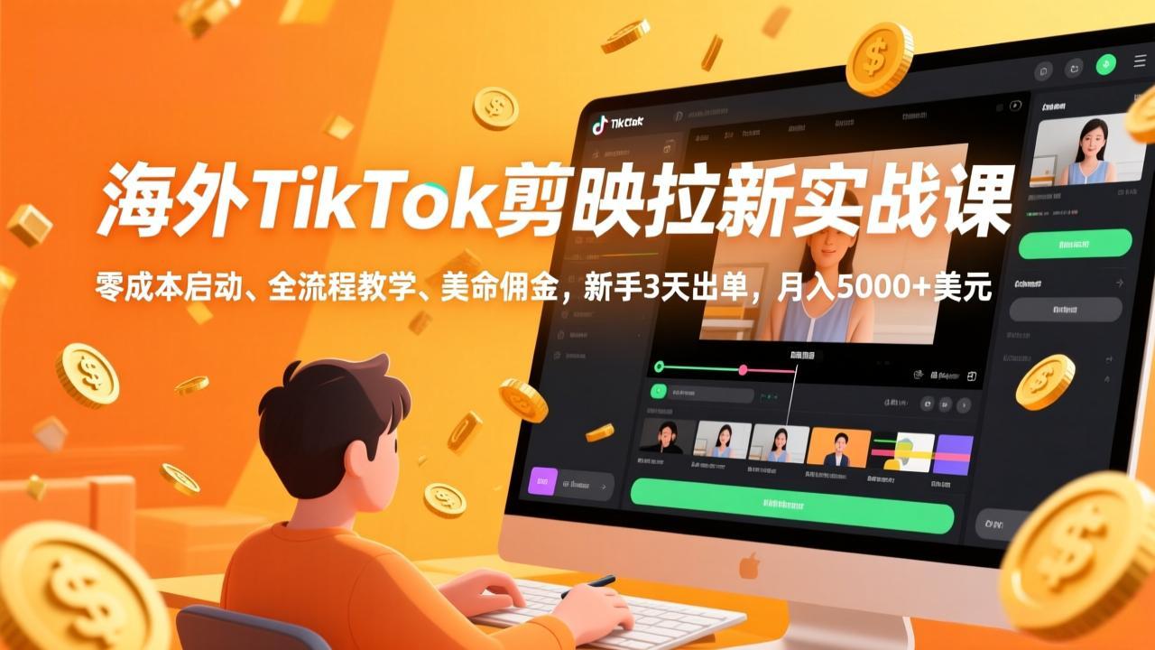 海外TikTok剪映拉新实战课，零成本启动、全流程教学、美金佣金，新手3天出单，月入5000+美元-创客副业