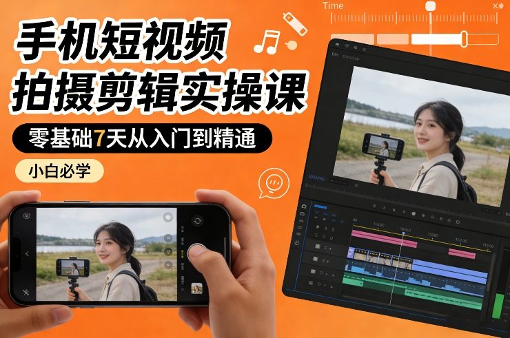 手机短视频拍摄剪辑实操课，零基础7天从入门到精通，小白必学-创客副业