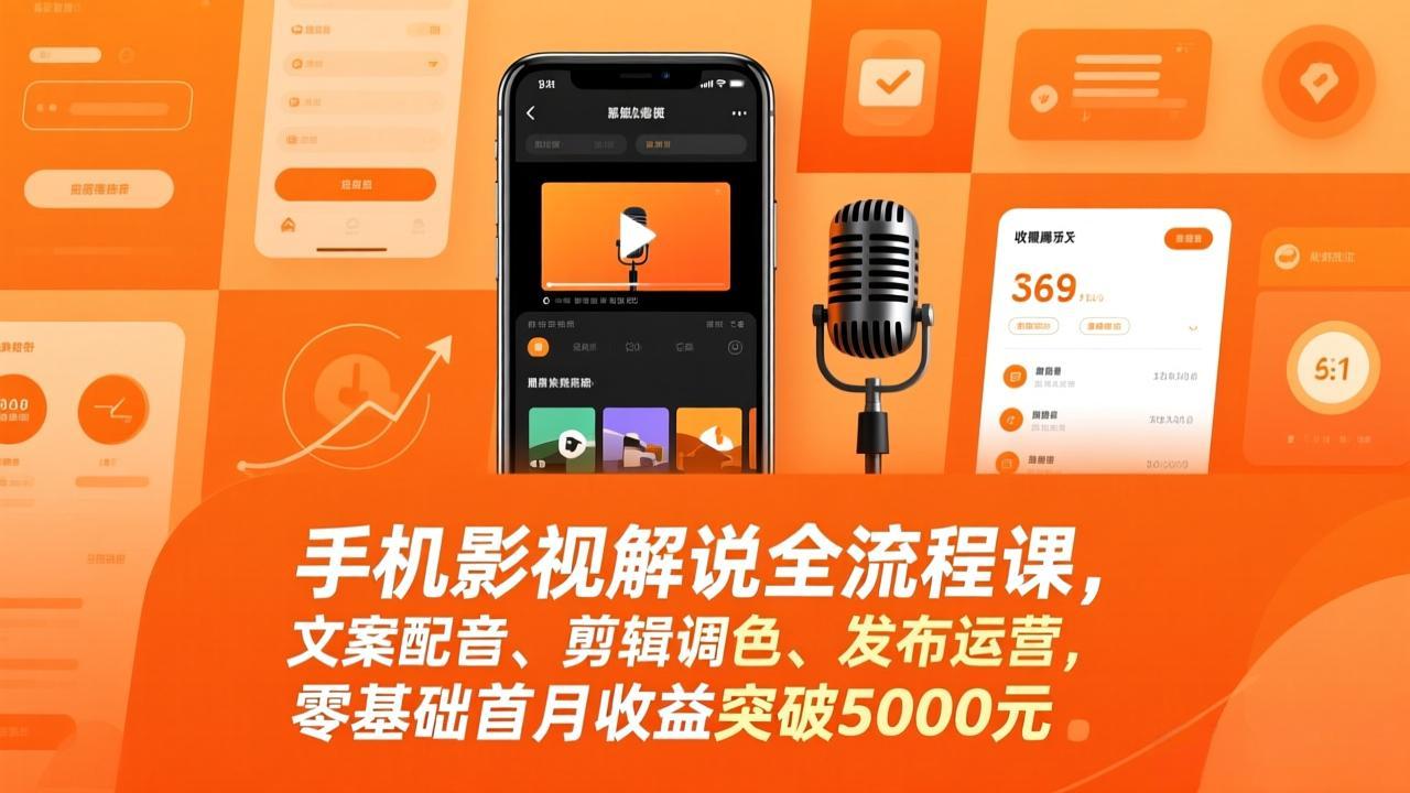 手机影视解说全流程课，文案配音、剪辑调色、发布运营，零基础首月收益突破5000元-创客副业