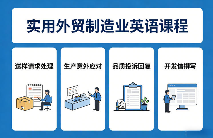 实用外贸制造业英语课程，教你专业处理送样请求、应对生产意外、回复品质投诉、撰写开发信等-创客副业