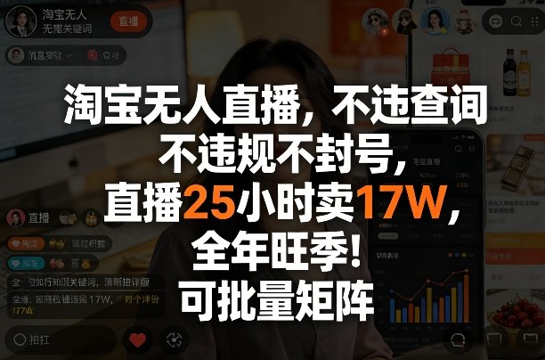 淘宝无人直播，不违规不封号，直播25小时卖17W，全年旺季！可批量矩阵【揭秘】-创客副业