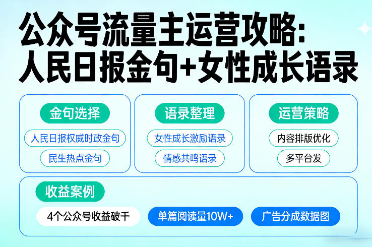 利用人民日报金句+女性成长语录做公众号流量主，4个公众号收益破千-创客副业