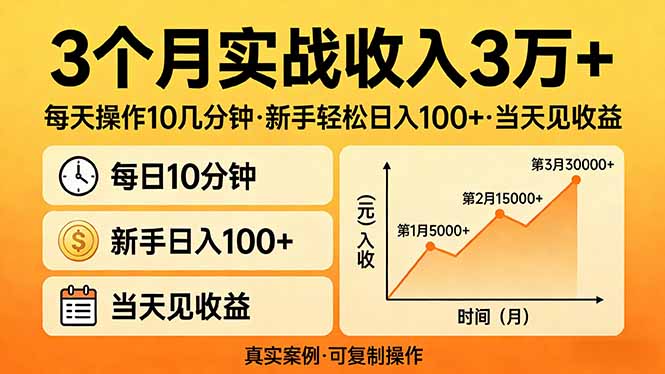 3个月实战收入3万+，每天操作10几分钟，新手轻松日入100+，当天见收益-创客副业